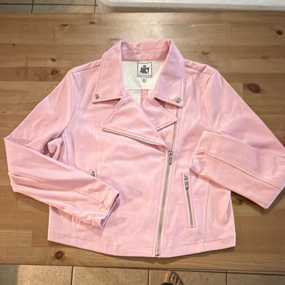 Juicy Couture Pink Moto Jacket & Rhinestone Logo T Shirt Womenās L Y2K 2pc